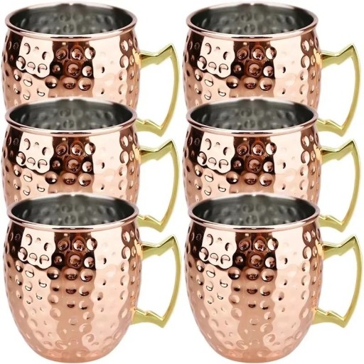 Sæt af rustfrie kopper med hamret overflade og håndtag 500 ml 6 × 10,5 cm i rustfrit stål kobber til drikkevarer