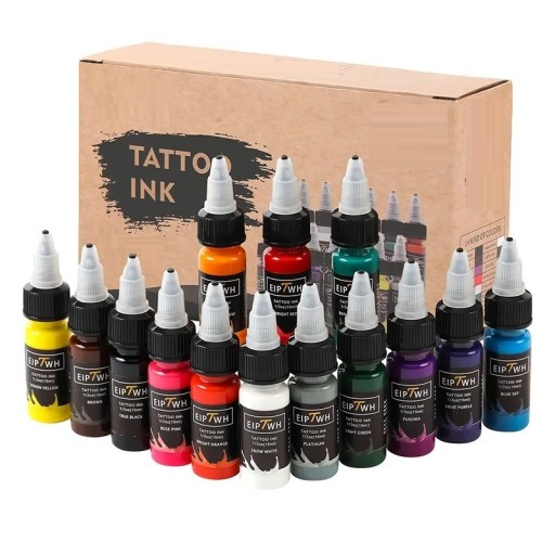 Sæt med 14 permanente tatoveringsfarver af høj kvalitet. Farvet blæk til tatoveringer og permanent makeup. Sæt med professionelle farver til øjenbryn, eyeliner og tatoveringer. 15 ml.