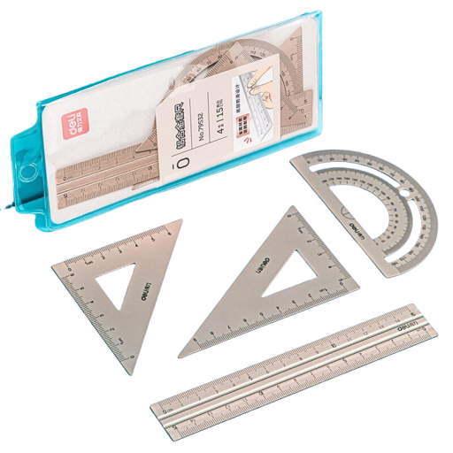 Sæt med 15 cm lineal, 180° vinkelmåler og to trekantlinealer i aluminiumslegering. Sæt med holdbare metallinealer. Multifunktionelt linealsæt.