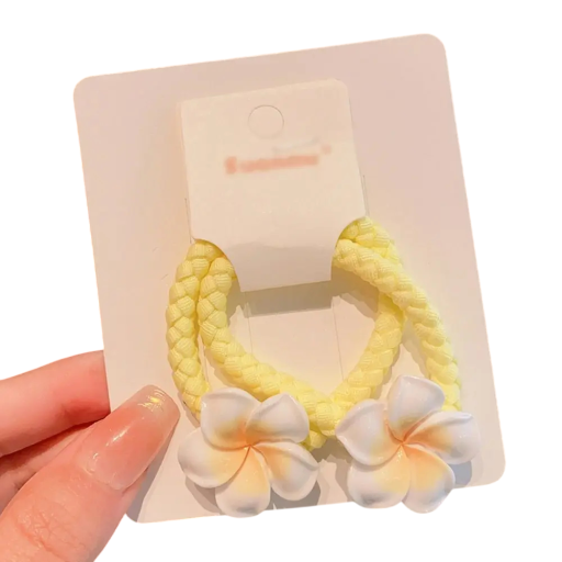 Sæt med 2 gule hårcrunchies med hvide blomster, elastiske hårtilbehør, søde crunchies til piger, stilfulde børnecrunchies, blomsterornamenter