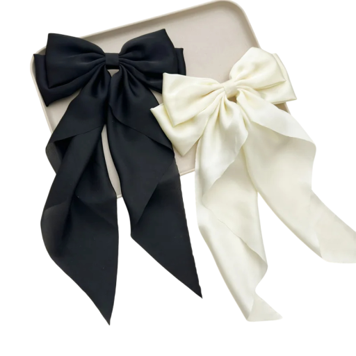 Sæt med 2 satin hårsløjfer 36 x 21 cm Sort og hvid Elegant hårpynt Stilfuldt tilbehør Blød glans Behagelig at have på