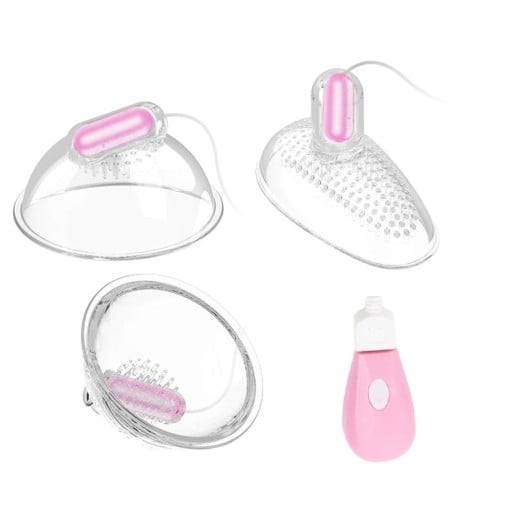Sæt med 3 vibrerende sugekopper med controller til brystvorter og vagina med 10 vibrationstilstande og 360° stimulation, lyserød, 28 mm diskret