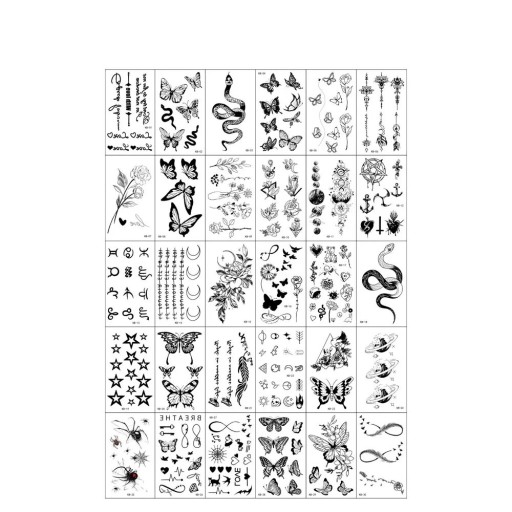 Sæt med 30 stk. midlertidige tatoveringer 5,7 x 9,7 cm blomster, sommerfugle, slanger, stjerner og forskellige symboler til dekoration af krop