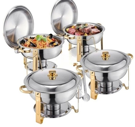 Sæt med 4 runde madvarmere med låg og brændstofopvarmning med en kapacitet på 4,6 l og en vandbad på 6,5 l til catering, buffeter og receptioner