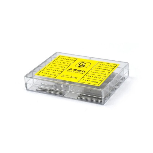 Sæt med 50 skruestifter til urremme, 10 størrelser, i en plastikæske, 8,6x6,4x1,6 cm