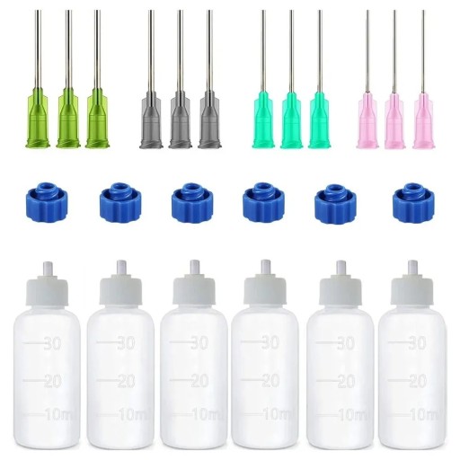 Sæt med 6 plastiske komprimerbare flasker 30 ml med flere nåle til keramik, muddermaleri, dekoration, modellering og skulptur