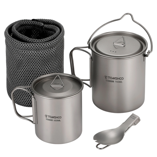 Sæt med 750 ml og 450 ml titaniumkrus med låg, foldbare håndtag, ultralet campingkøkkengrej, Spork og opbevaringstaske til vandreture