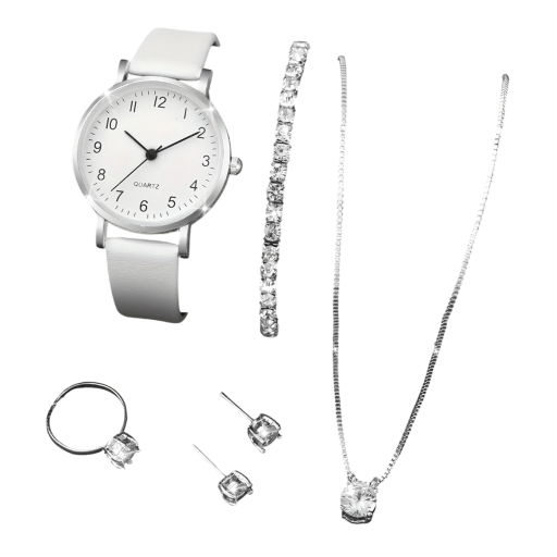 Sæt med dameur, kvarts ur, læderrem, smykker med ædelsten, kæde, armbånd, øreringe, ring, hvid, elegant gave til kvinder