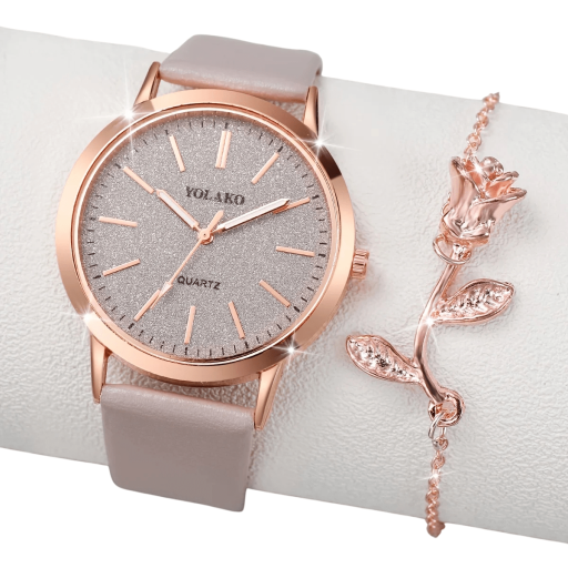 Sæt med dameure med læderrem i rosaguld og armbånd med rose. Elegant sæt. Armbåndsur i legering. Gave til kvinder.