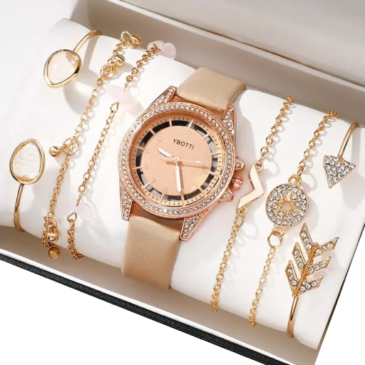 Sæt med dameure med læderrem og 6 armbånd Beige elegant ur med tilbehør Stilfuldt smykkesæt Gave til kvinder