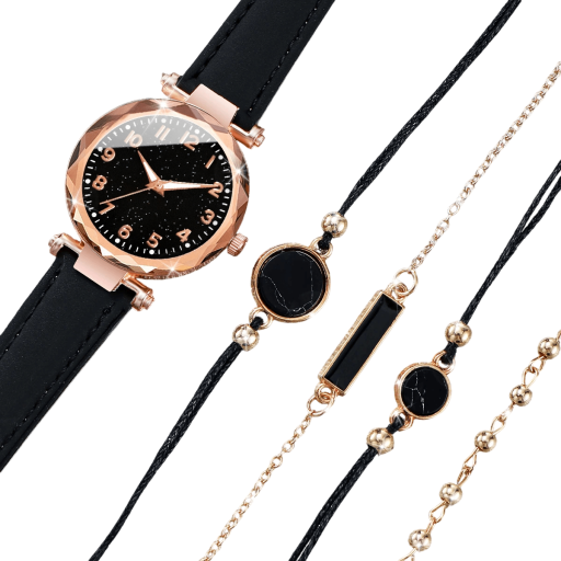 Sæt med dameure med sort læderrem og 4 armbånd Elegant sæt Ure og smykker til kvinder Stilfuld gave
