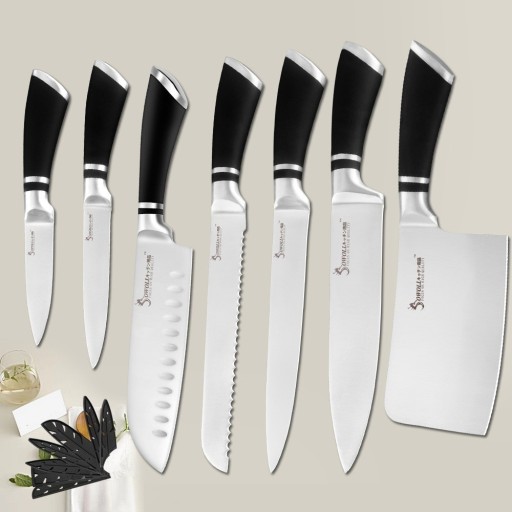 Sæt med knive i rustfrit stål med etuier, 7 stk.