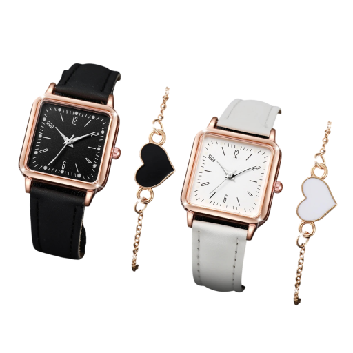 Sæt med moderigtige dameure, firkantet urskive, læderrem og hjerteformet armbånd. Elegant smykkesæt. Gave til kvinder.