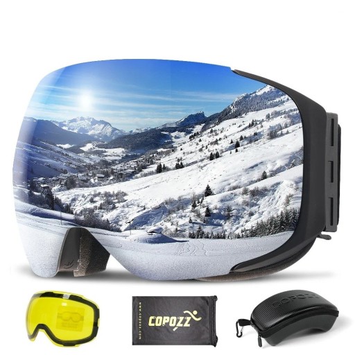 Sæt med skibriller, udskiftelig gul linse, stofbetræk og skibrilleretui. Spejlvendte ski- og snowboardbriller med UV400-filter 23 x 9,5 cm.