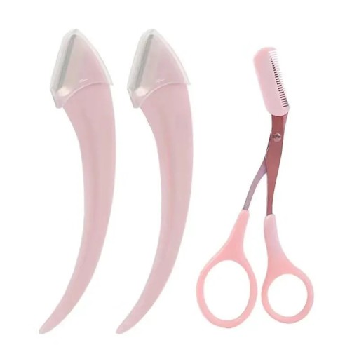 Sæt til øjenbrynstrimning 3i1 rosa saks med kam og blad 12,8 cm og 10,5 cm til trimning af øjenbryn