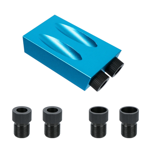 Sæt til skråboring af huller i en vinkel på 15°. Lokator 1x blå + adaptere 2x 6 mm 2x 8 mm 2x 10 mm Boreskabelon til samlinger.