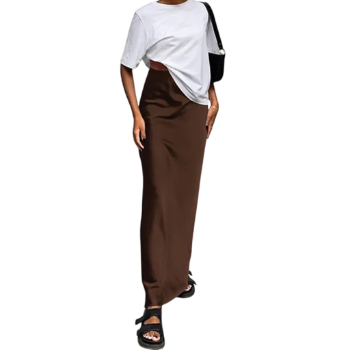 Saia longa de cetim elegante com cintura alta Saia brilhante até aos tornozelos para mulheres Saia maxi da moda para a noite Saia de festa