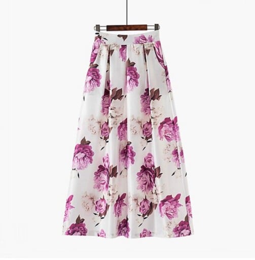 Saia maxi longa feminina com padrão Corte em A com pregas Cintura larga alta Bolsos laterais Mistura elástica de poliéster e elastano