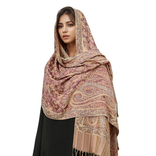 Șal hidjab din pashmina cu model oriental și ciucuri 70x180 cm din poliester pentru purtare zilnică