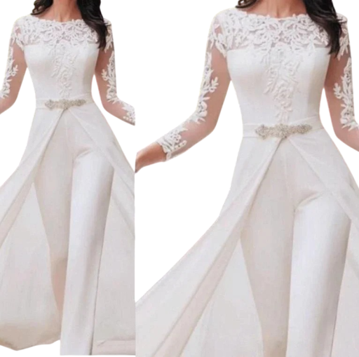 Salopetă albă de mireasă pentru femei cu trenă Mâneci din dantelă Decolteu rotund Pantaloni lungi Croi elegant Poliester Bumbac