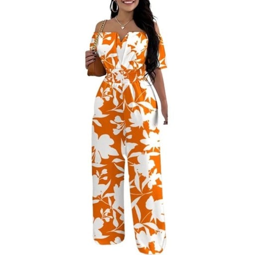 Salopetă damă portocalie cu model floral Decolteu în V Mâneci scurte Pantaloni lungi Croi ușor de vară Material confortabil Poliester
