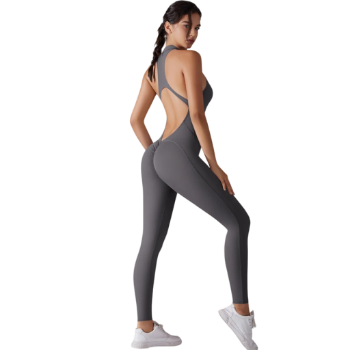 Salopetă sportivă pentru femei cu bretele, spate liber și colanți cu fermoar în decolteu, salopetă fitness din nylon