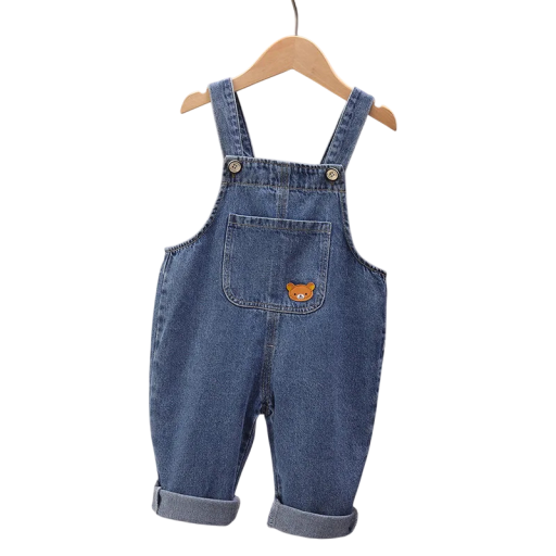 Salopette in denim per bambini con immagine di orso Spalline con bottoni Pantaloni lunghi Tasche Unisex abbigliamento primaverile
