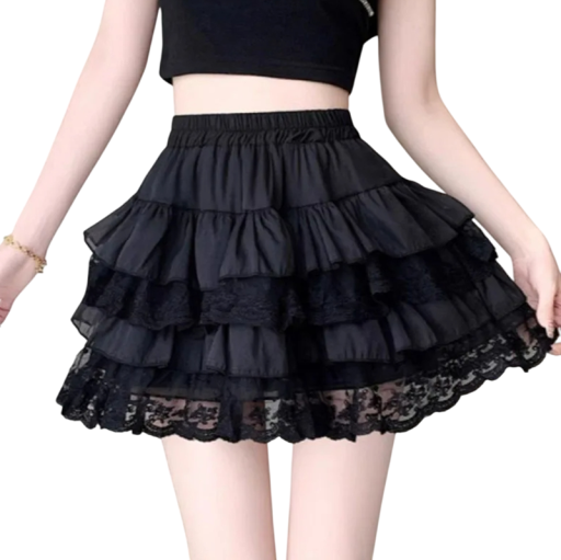 Salsa gótica mini saia de renda Saia preta sexy com babados Estilo punk de renda Saia curta vintage com cintura elástica