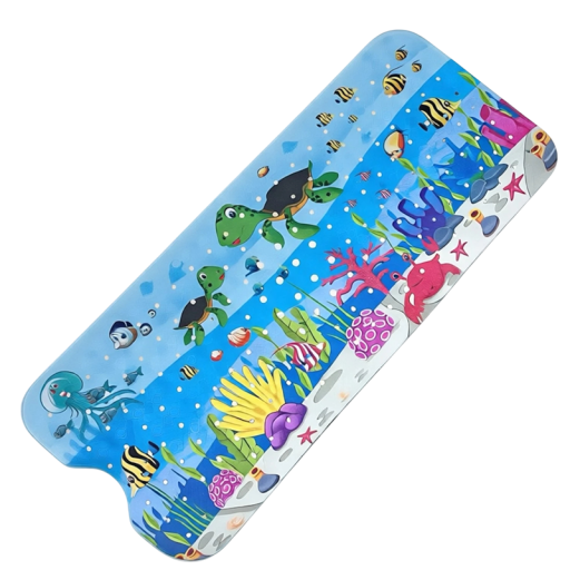 Saltea antiderapantă pentru cadă cu motiv de broaște țestoase și recif de corali, 40 x 100 cm, covoraș lung cu ventuze