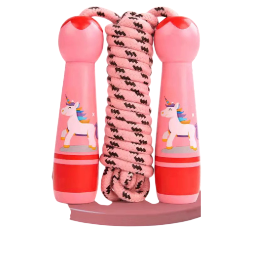 Salto regolabile per bambini con manici in legno Salto rosa con unicorno Corda di cotone Strumento per il movimento dei bambini