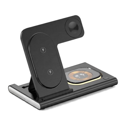 Sammenfoldelig trådløs opladningsstation 3i1 15 W med LED-belysning til Samsung Galaxy telefon, ur og Buds USB-C Sort til natbordet