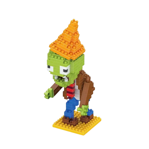 Sammenfoldelig zombiefigur med en kegle på hovedet fra Plants vs Zombies 300 dele Mini byggesæt Spilfigur Byggesæt til børn og samlere 6 x 7 x 13 cm