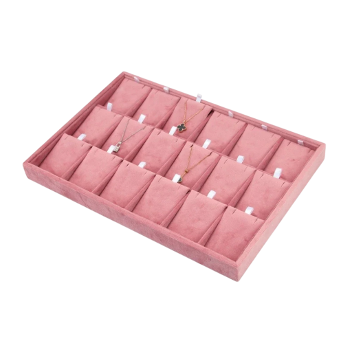 Sammetbricka för smycken 35 × 24 × 3 cm rosa sammet organisatör för halsband, hängen och kedjor presentationsbricka