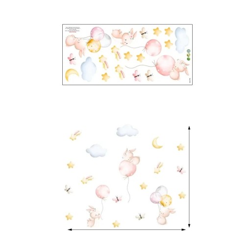 Samolepka na zeď 77 x 77 cm Králíčci s balonky Průsvitná dětská nástěnná dekorace z matného vinylu Jemná roztomilá výzdoba pokoje
