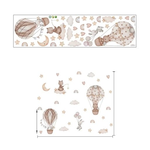 Samolepka na zeď 98 x 81,5 cm Medvídek s králíčkem v hnědých balonech Průsvitná dětská nástěnná dekorace z matného vinylu Jemná roztomilá výzdoba