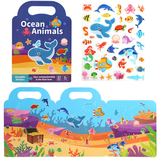 Samolepkowa książka z naklejkami Ocean Animals z powtarzalnymi naklejkami niebieskie morskie zwierzęta dla dzieci gra