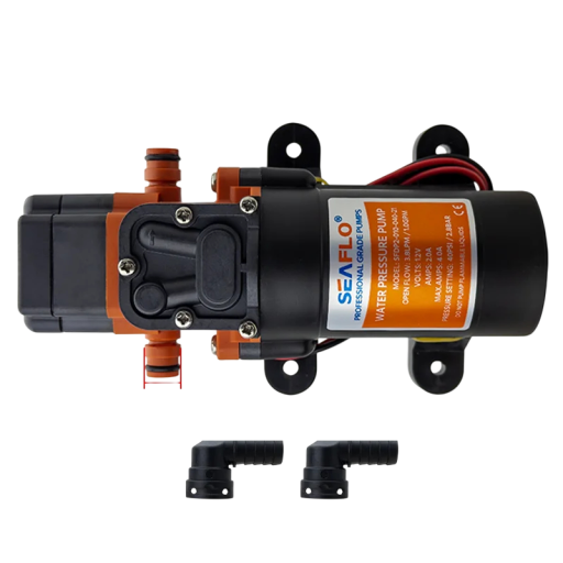 Samonasávací membránové čerpadlo do obytného vozu a na loď 12 V s tlakem 40 PSI a průtokem 3,8 l za minutu v černo-oranžovém provedení