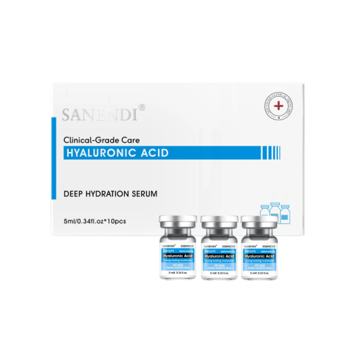 SANENDI hyaluronserum voor diepe hydratatie 10×5 ml hyaluronzuur blauw-witte ampullen huidverzorging