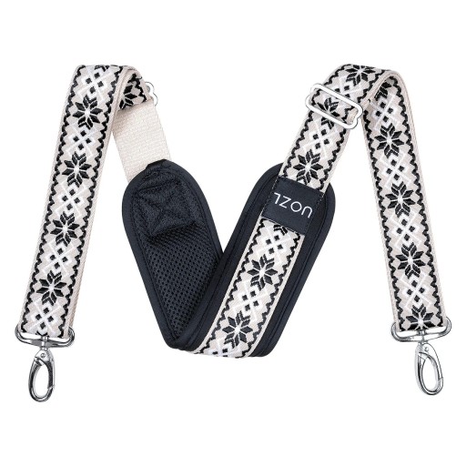 Sangle réglable pour sac à main 150 cm Imprimé floral crème Sangle d'épaule en textile noir et beige Partie rembourrée Fermeture à mousqueton