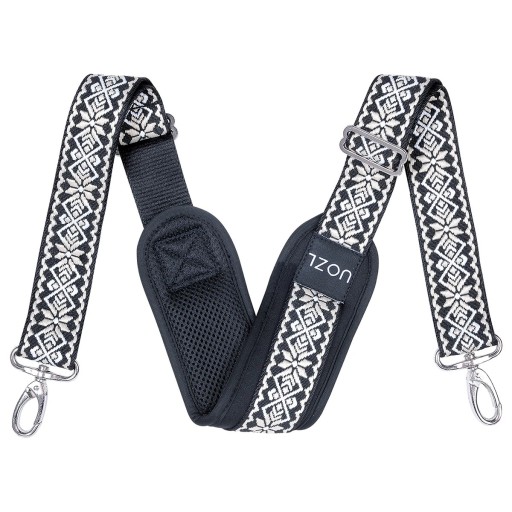 Sangle réglable pour sac à main 150 cm Imprimé géométrique noir et blanc Sangle large en textile Partie rembourrée Fermeture à mousqueton