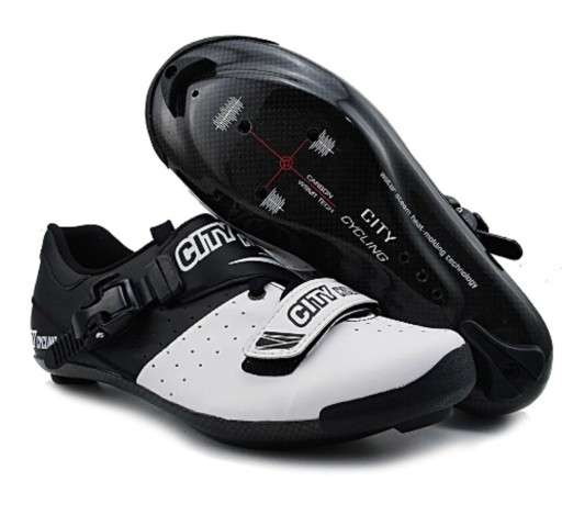 Sapatilhas de ciclismo para homens e mulheres Sola em fibra de carbono Fivela em velcro e fivela Biqueira perfurada Design em preto e branco