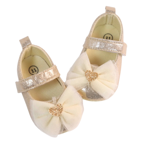 Sapatinhos de Bebé Ballerinas para Meninas com Fecho de Velcro Laço de Tule com Coração Sola de Poliéster e Borracha Para Bebés em Sessões Fotográficas e Batizados