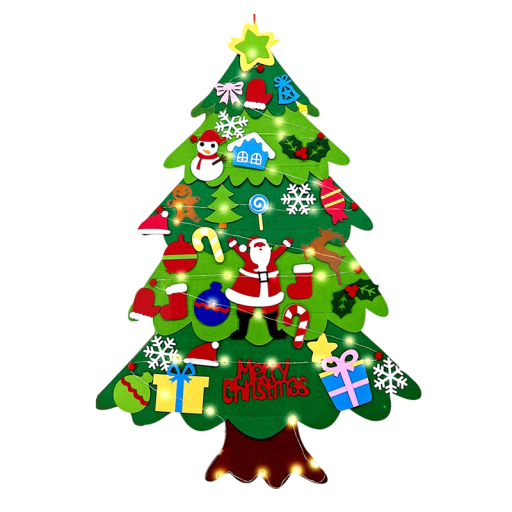 Sapin de Noël en feutre 100 x 70 cm avec 32 décorations en velcro et guirlande lumineuse LED de 5 m à piles Décoration pour enfants et adultes