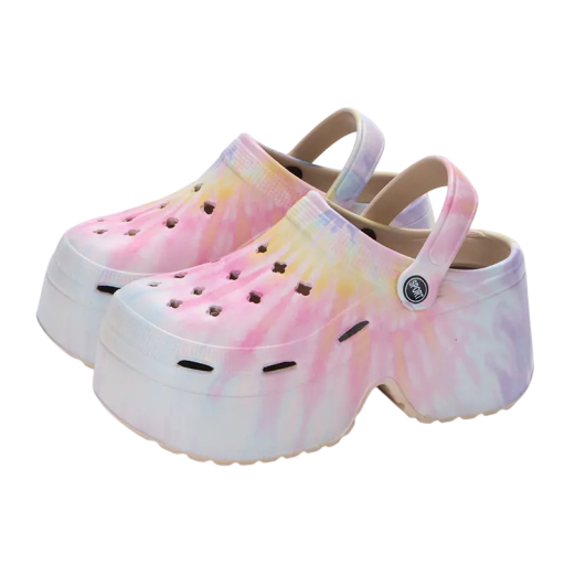 Sateenkaarenväriset naisten tohvelit korkealla korokkeella. Tukeva kumipohja. Tyylikkäät kesäkengät paksulla pohjalla. Muodikkaat värikkäät