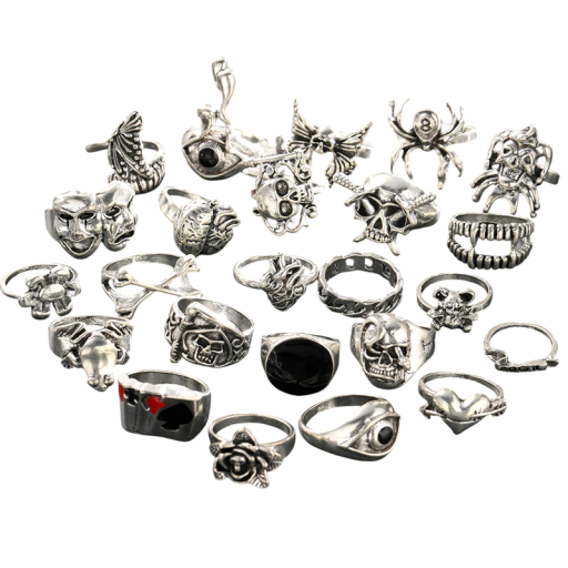 Sats med 24 st unisex gotiska skelettringar i metall med silverplätering stiliga ringar för män och kvinnor gotisk design för vardagligt bruk