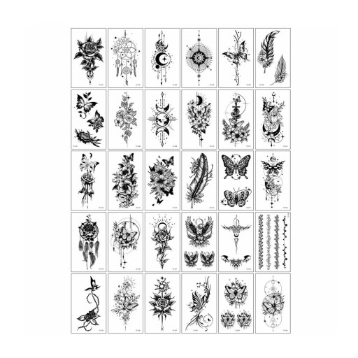Sats med 30 stycken tillfälliga tatueringar 5,7 x 9,7 cm blommor fjärilar fjädrar ornament och symboler för kroppdekoration på fester och festivaler