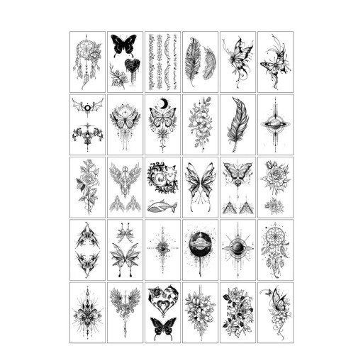 Sats med 30 temporära tatueringar 5,7 x 9,7 cm blommor fjärilar fjädrar planeter rosor ornament dekorationer på kroppen svartvita motiv