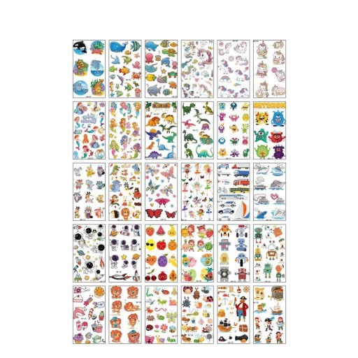 Sats med 30 temporära tatueringar 5,7 x 9,7 cm djur dinosaurier havsmotiv enhörningar fordon och andra mönster för barn
