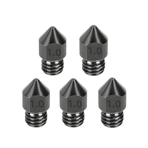 Sats med 5 st härdade stålmunstycken 1,0 mm M6 för filament 1,75 mm Extra snabb 3D-utskrift av stora objekt Hållbara reservmunstycken