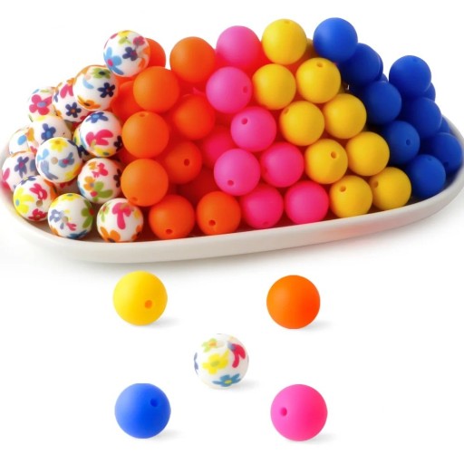 Satz Silikonperlen 15 x 15 mm Runde Perlen 20 Stk Blau Gelb Orange Rosa und Blumenmuster 5 Farben je 4 Stück